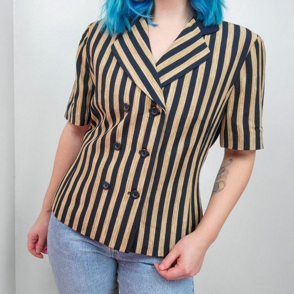 Vintage 90s Navy & "Wood" Striped Short Sleeve Blazer - Picture 2 of 6